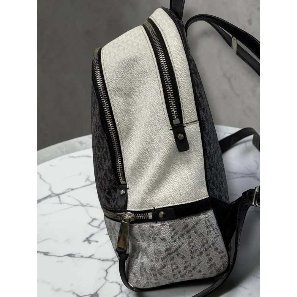Michael Kors Rhea Medium Metallic MK Logo Backpack Silver Tone Zip Bag EUC